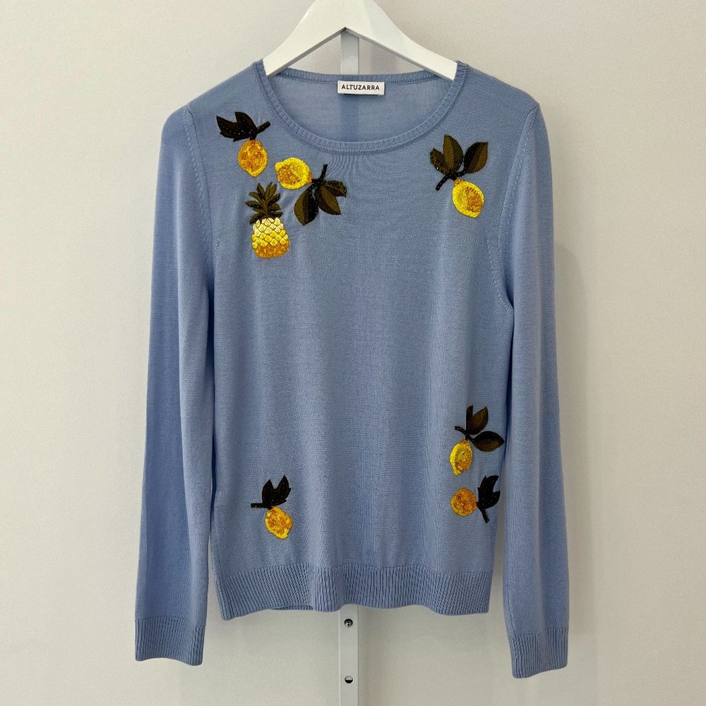 ALTUZARRA BLUE MERINO WOOL EMBELLISHED LEMON KNIT SWEATER SIZE L NWOTS!